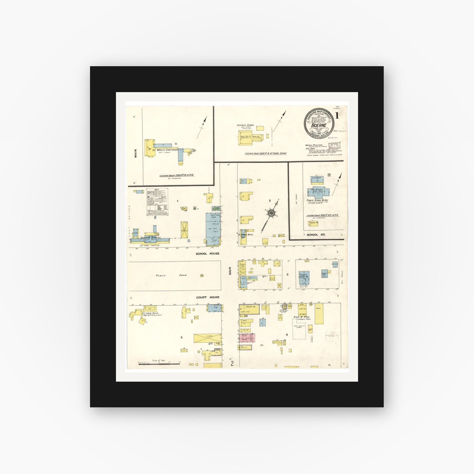 Old map wall art mockup — black gallery frame with white mat — Sanborn Fire Insurance Map from Boerne, Kendall County, Texas (1910), Sheet #0001