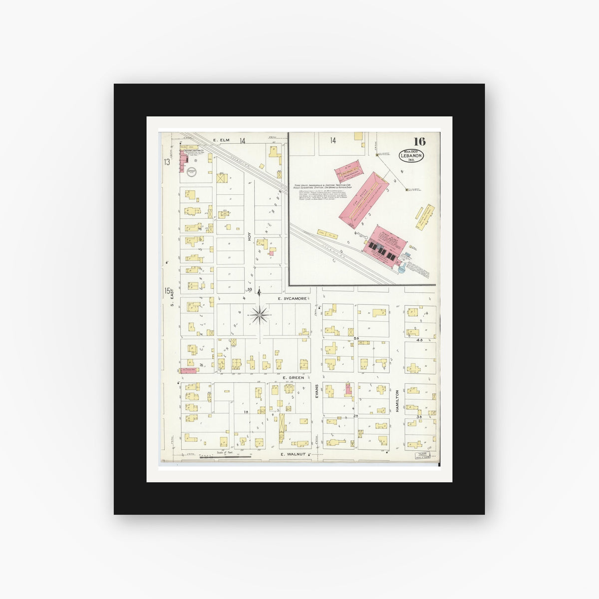 Old map wall art mockup — black gallery frame with white mat — Sanborn Fire Insurance Map from Lebanon, Boone County, Indiana (1909), Sheet #0016