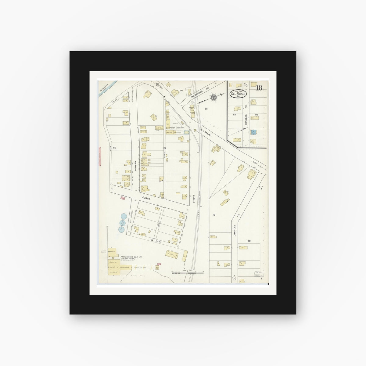 Old map wall art mockup — black gallery frame with white mat — Sanborn Fire Insurance Map from Old Forge, Lackawanna County, Pennsylvania (1914), Sheet #0018