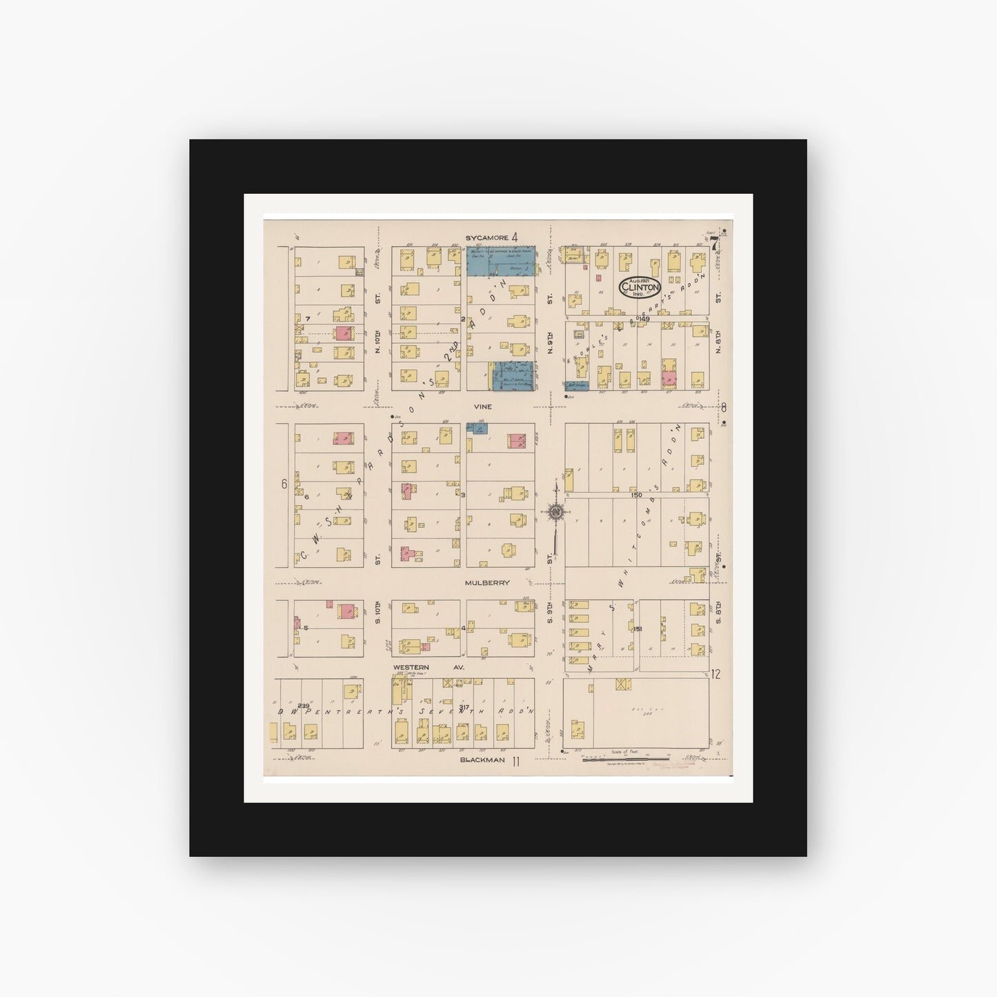 Old map wall art mockup — black gallery frame with white mat — Sanborn Fire Insurance Map from Clinton, Vermillion County, Indiana (1921), Sheet #0007