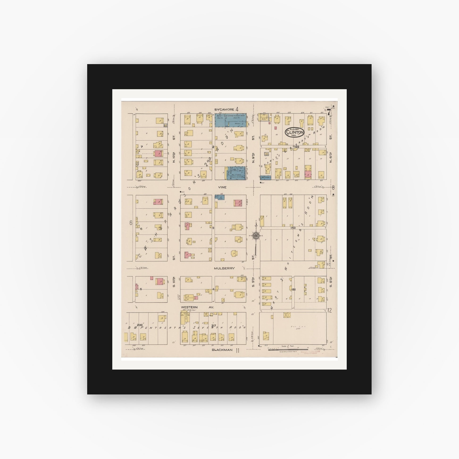 Old map wall art mockup — black gallery frame with white mat — Sanborn Fire Insurance Map from Clinton, Vermillion County, Indiana (1921), Sheet #0007