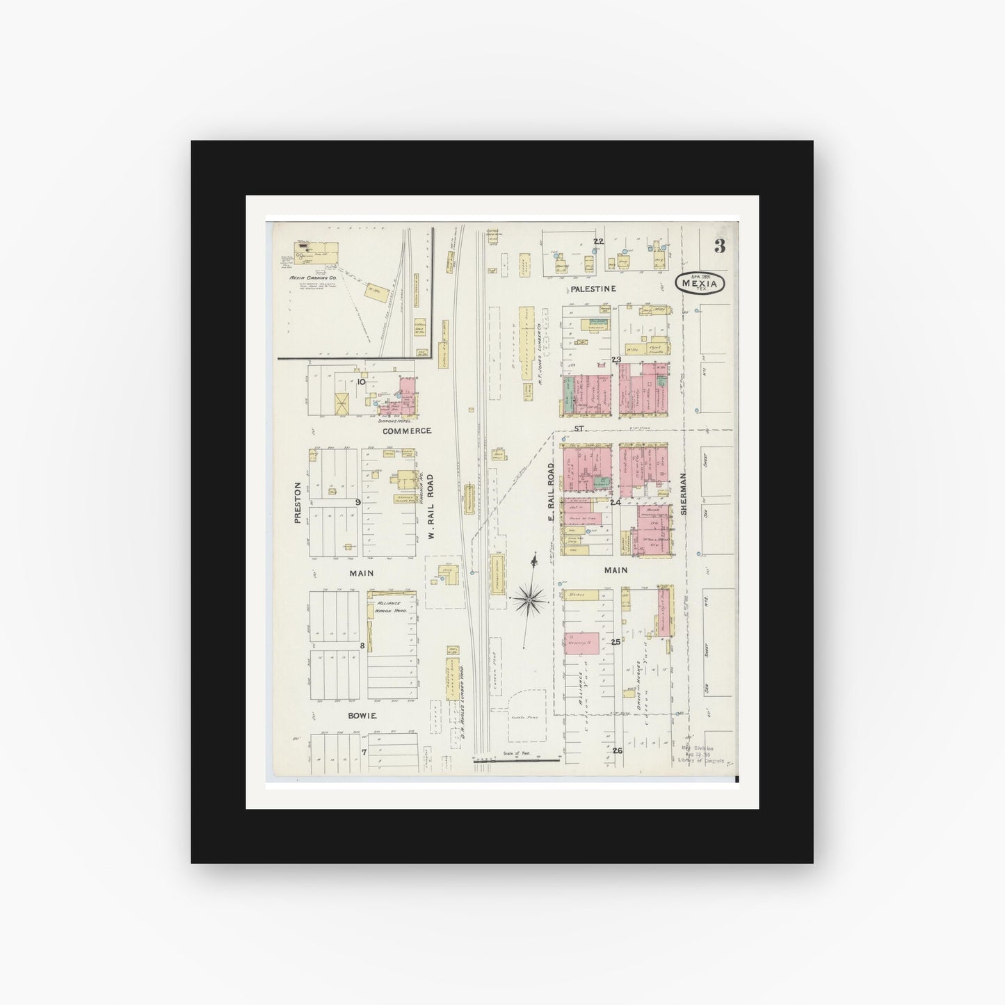 Old map wall art mockup — black gallery frame with white mat — Sanborn Fire Insurance Map from Mexia, Limestone County, Texas (1891), Sheet #0003