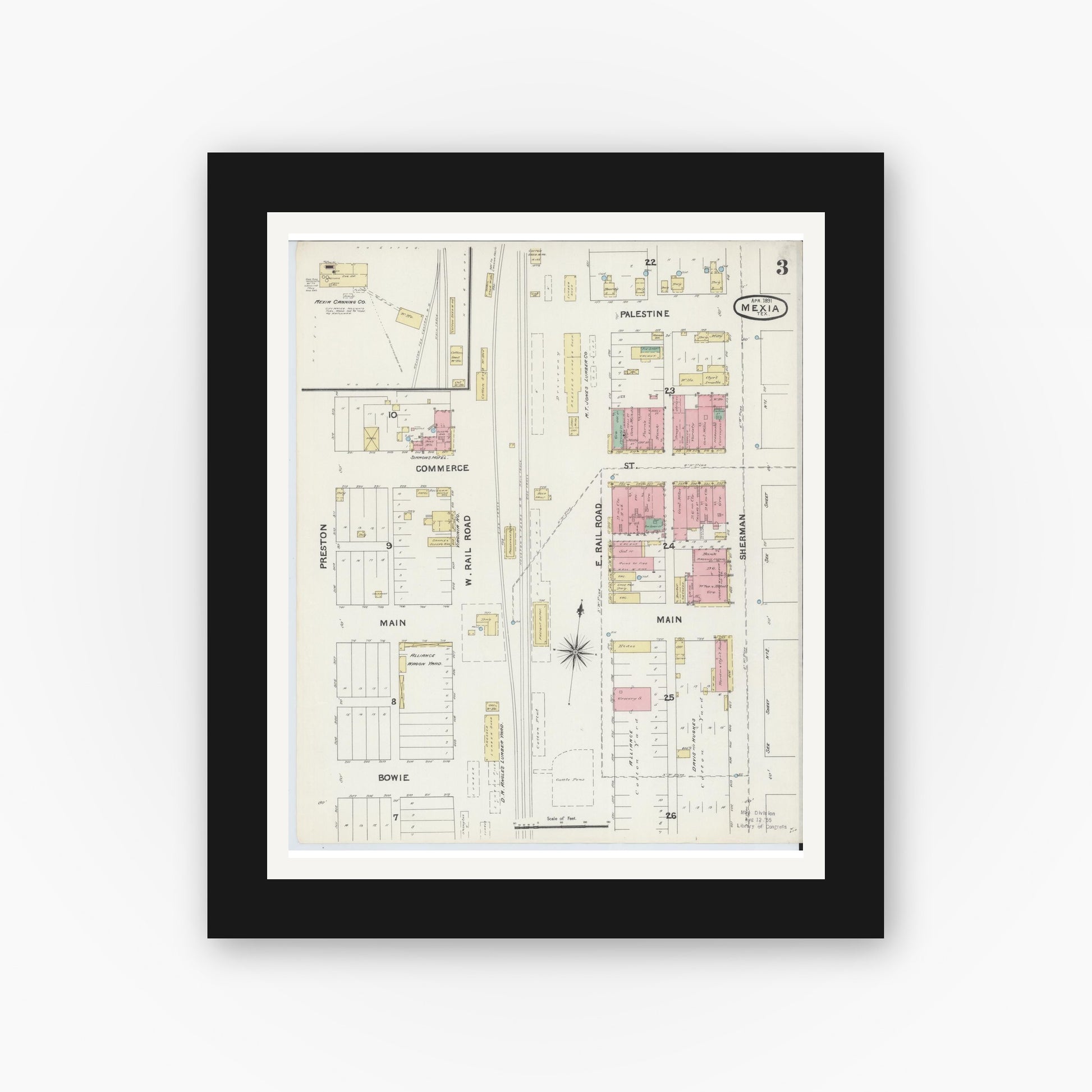 Old map wall art mockup — black gallery frame with white mat — Sanborn Fire Insurance Map from Mexia, Limestone County, Texas (1891), Sheet #0003