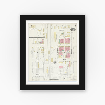 Old map wall art mockup — black gallery frame with white mat — Sanborn Fire Insurance Map from Mexia, Limestone County, Texas (1891), Sheet #0003