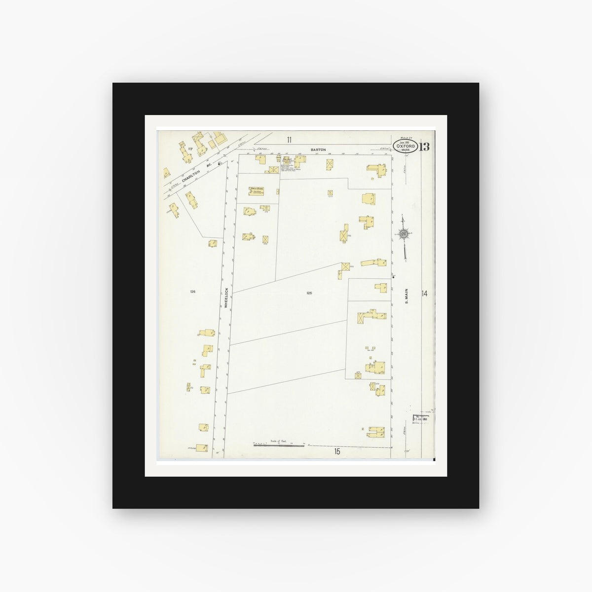 Old map wall art mockup — black gallery frame with white mat — Sanborn Fire Insurance Map from Oxford, Worcester County, Massachusetts (1911), Sheet #0013