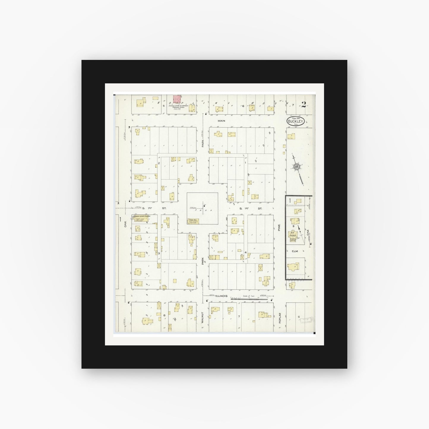 Old map wall art mockup — black gallery frame with white mat — Sanborn Fire Insurance Map from Buckley, Iroquois County, Illinois (1914), Sheet #0002