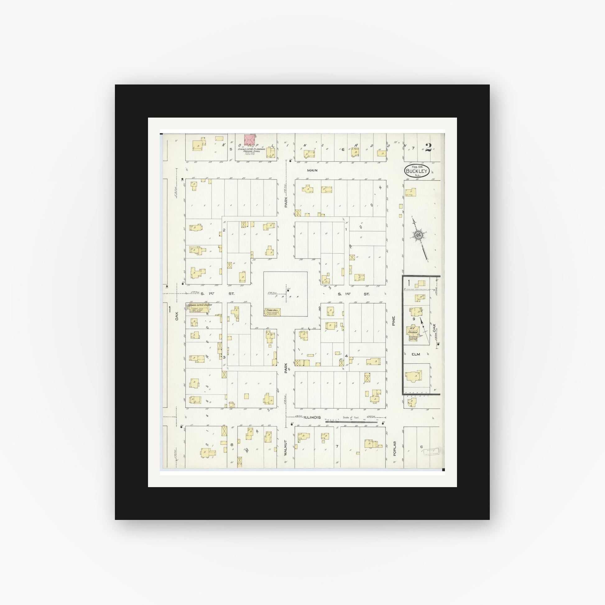 Old map wall art mockup — black gallery frame with white mat — Sanborn Fire Insurance Map from Buckley, Iroquois County, Illinois (1914), Sheet #0002