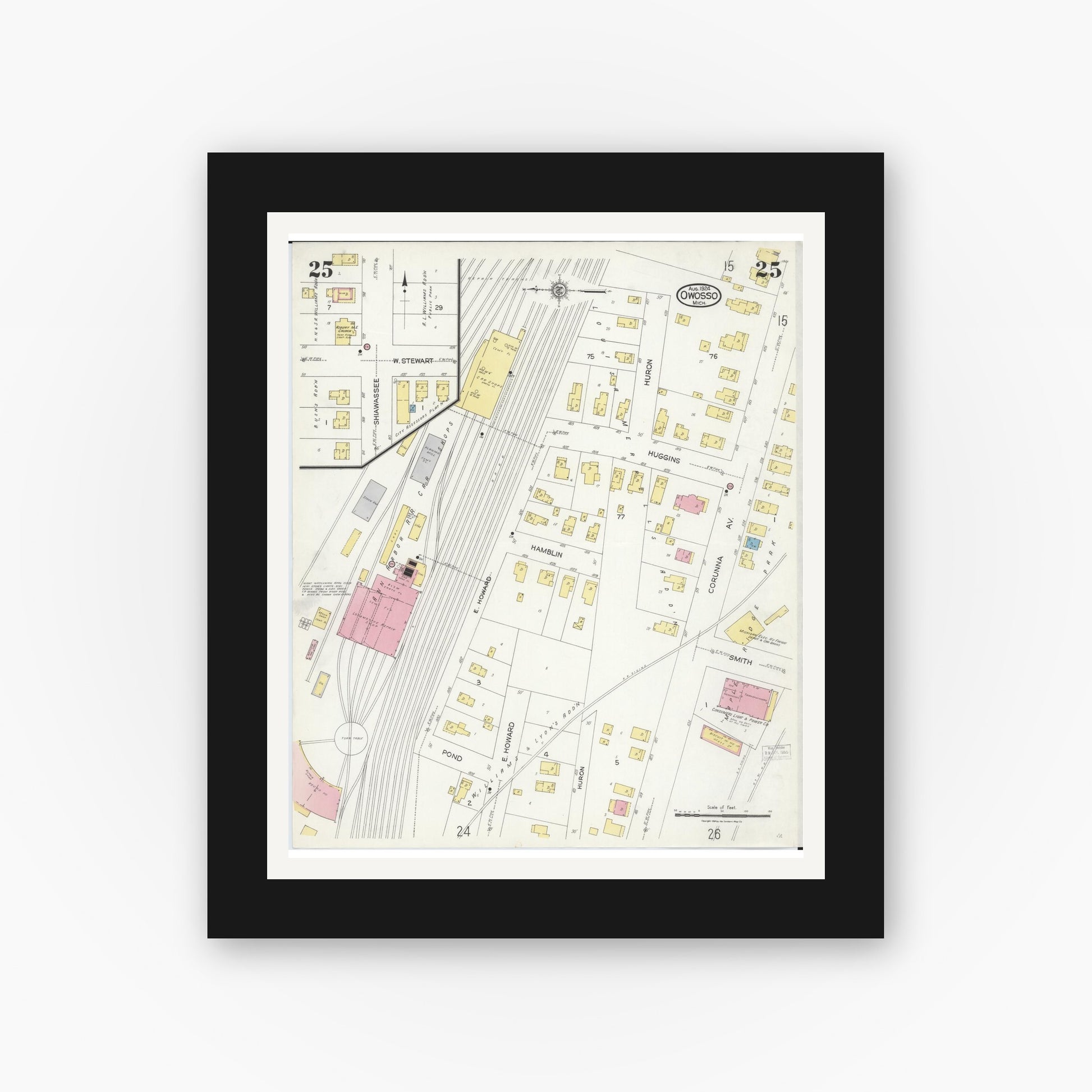 Old map wall art mockup — black gallery frame with white mat — Sanborn Fire Insurance Map from Owosso, Shiawassee County, Michigan (1924), Sheet #0025