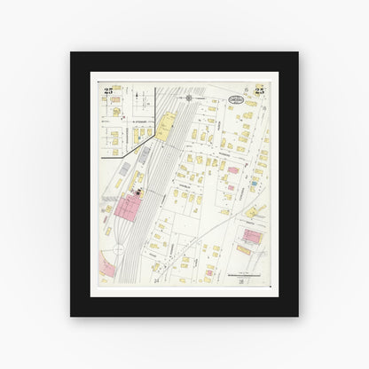 Old map wall art mockup — black gallery frame with white mat — Sanborn Fire Insurance Map from Owosso, Shiawassee County, Michigan (1924), Sheet #0025