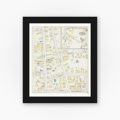 Old map wall art mockup — black gallery frame with white mat — Sanborn Fire Insurance Map from Stoneham, Middlesex County, Massachusetts (1892), Sheet #0006