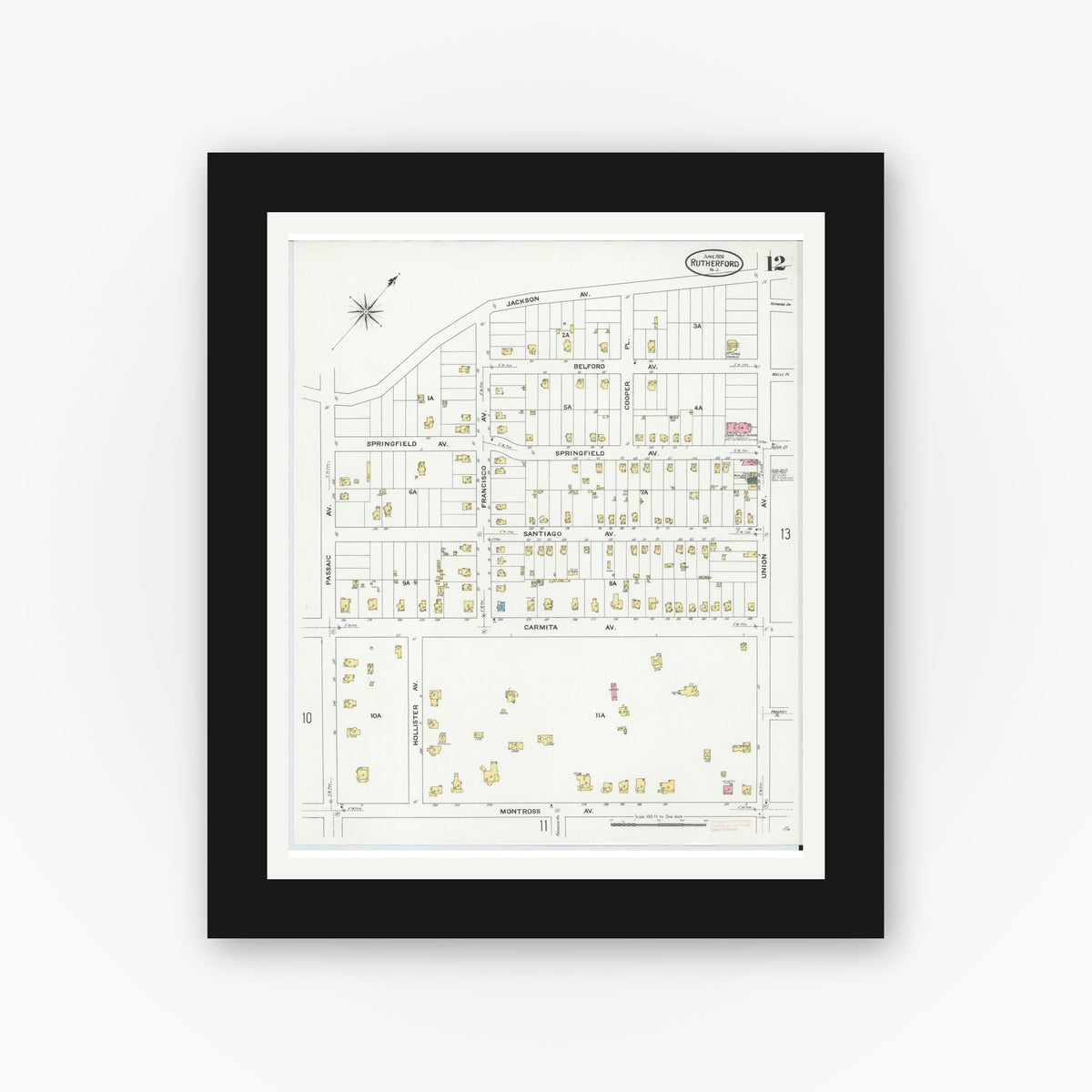 Old map wall art mockup — black gallery frame with white mat — Sanborn Fire Insurance Map from Rutherford, Bergen County, New Jersey (1909), Sheet #0012
