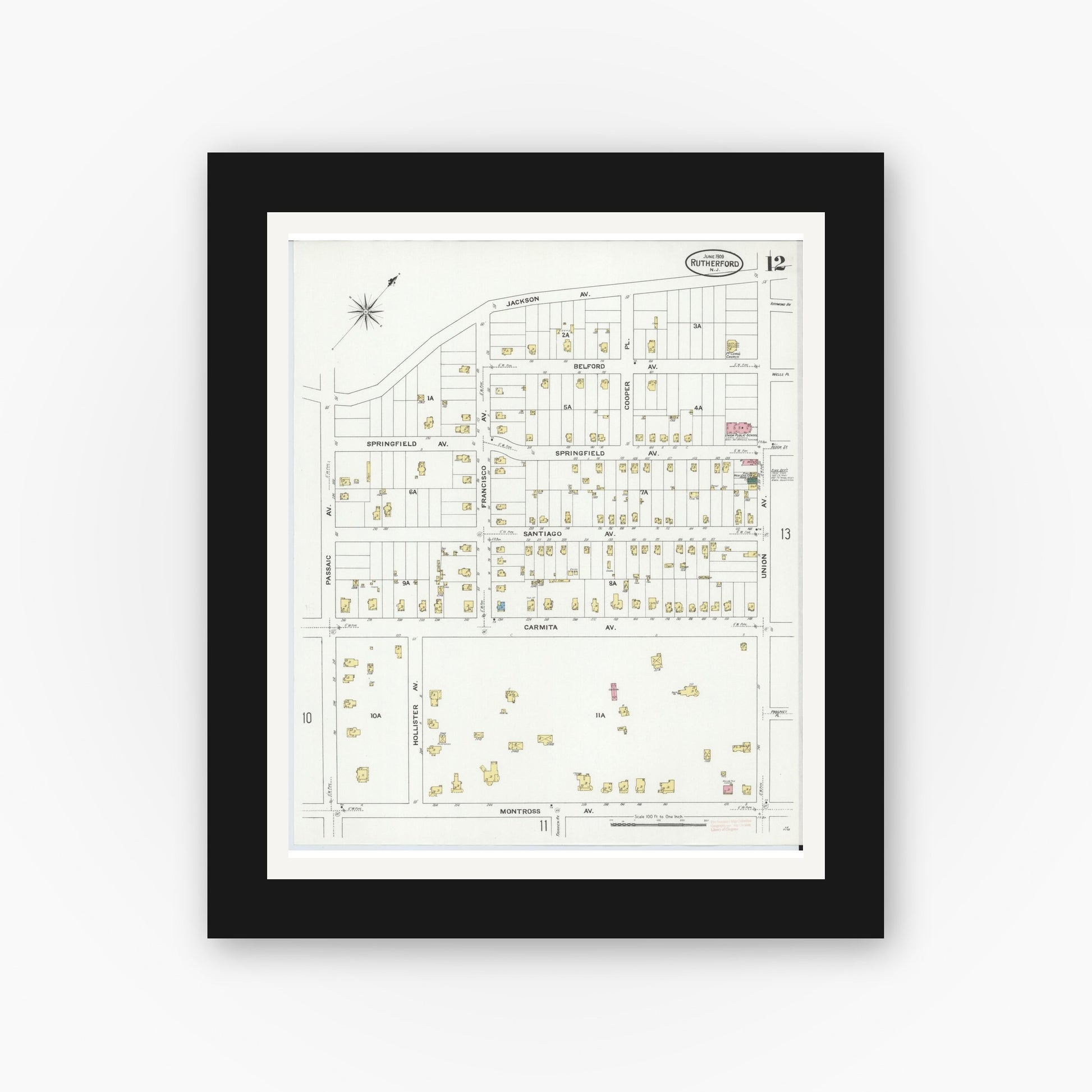 Old map wall art mockup — black gallery frame with white mat — Sanborn Fire Insurance Map from Rutherford, Bergen County, New Jersey (1909), Sheet #0012