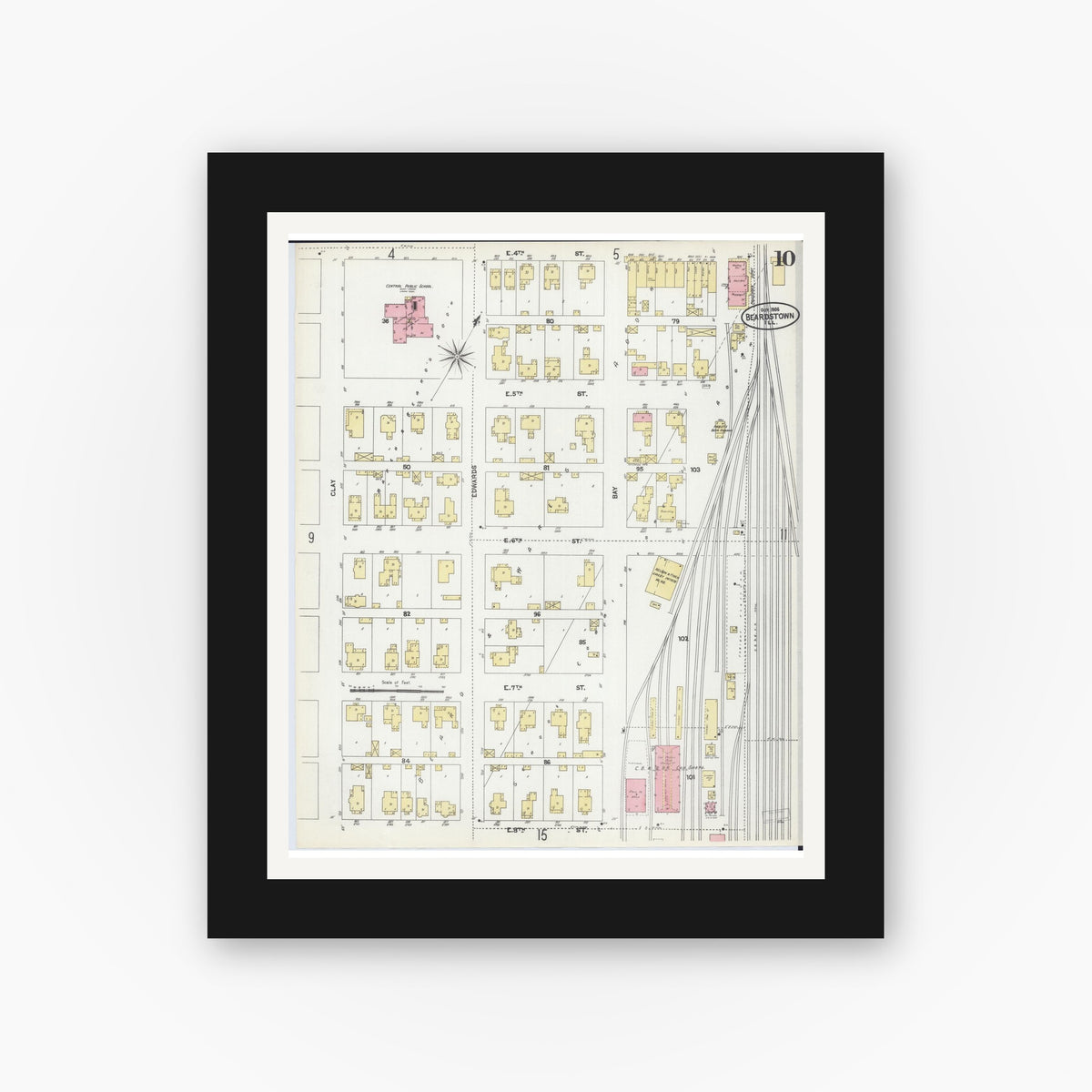 Old map wall art mockup — black gallery frame with white mat — Sanborn Fire Insurance Map from Beardstown, Cass County, Illinois (1906), Sheet #0010