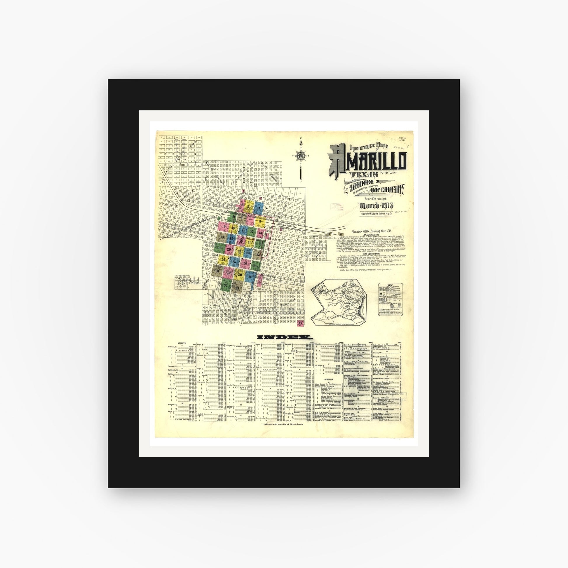 Old map wall art mockup — black gallery frame with white mat — Sanborn Fire Insurance Map from Amarillo, Potter County, Texas (1913), Sheet #0001