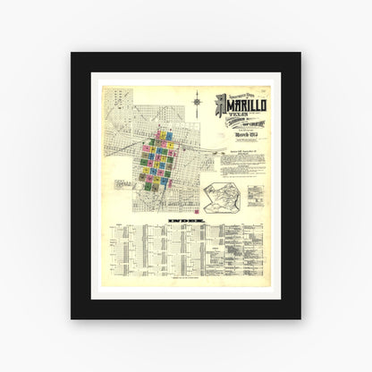 Old map wall art mockup — black gallery frame with white mat — Sanborn Fire Insurance Map from Amarillo, Potter County, Texas (1913), Sheet #0001