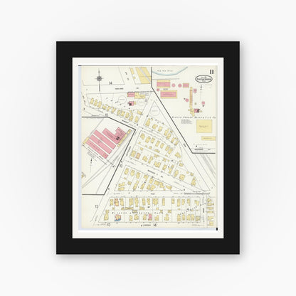 Old map wall art mockup — black gallery frame with white mat — Sanborn Fire Insurance Map from Benton Harbor, Berrien County, Michigan (1911), Sheet #0011