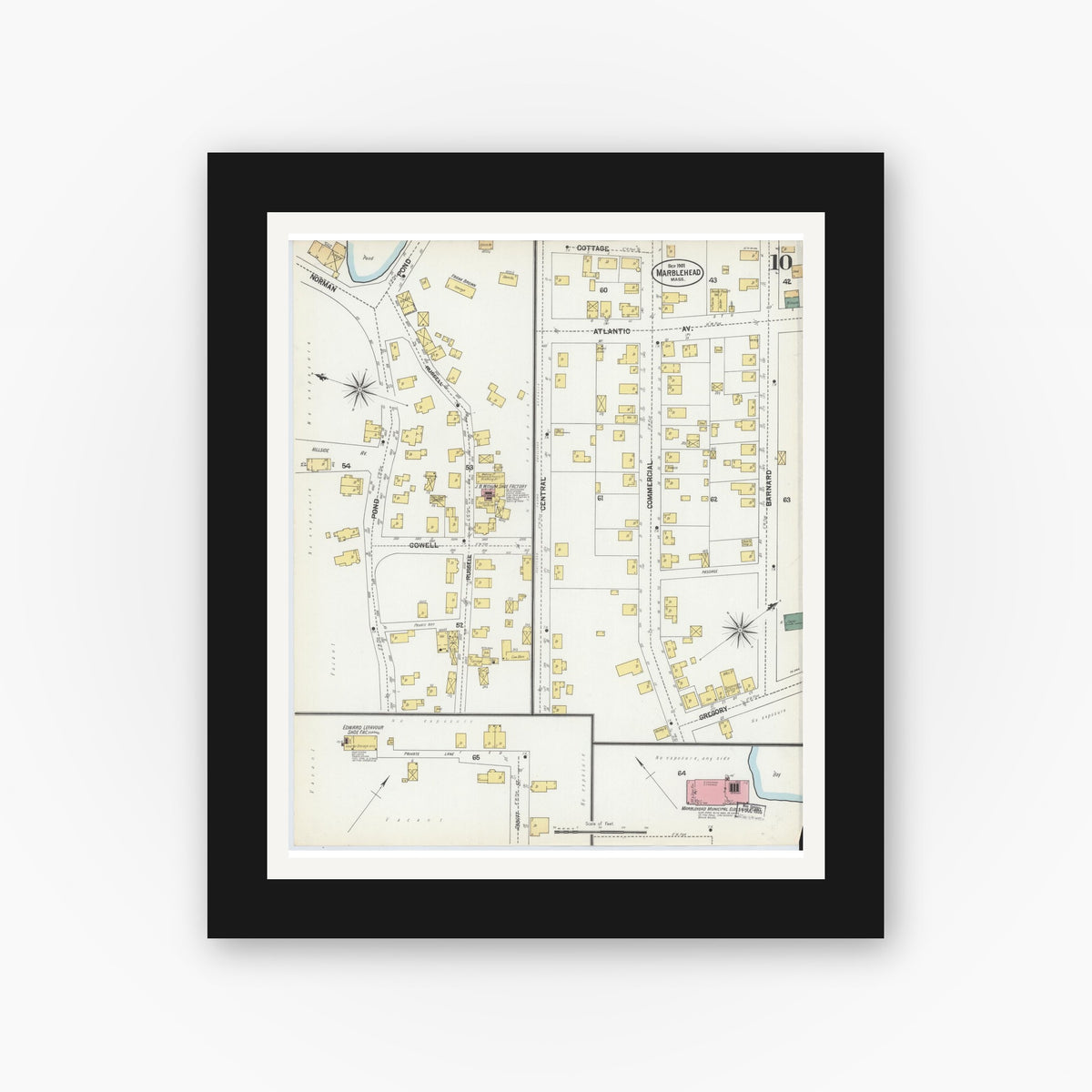 Old map wall art mockup — black gallery frame with white mat — Sanborn Fire Insurance Map from Marblehead, Essex County, Massachusetts (1901), Sheet #0010