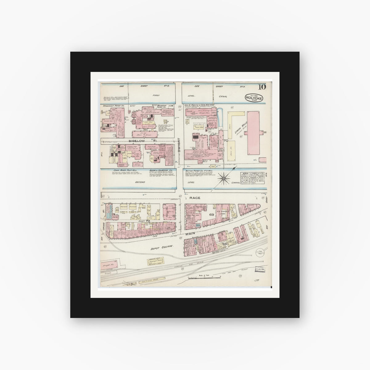 Old map wall art mockup — black gallery frame with white mat — Sanborn Fire Insurance Map from Holyoke, Hampden County, Massachusetts (1884), Sheet #0010