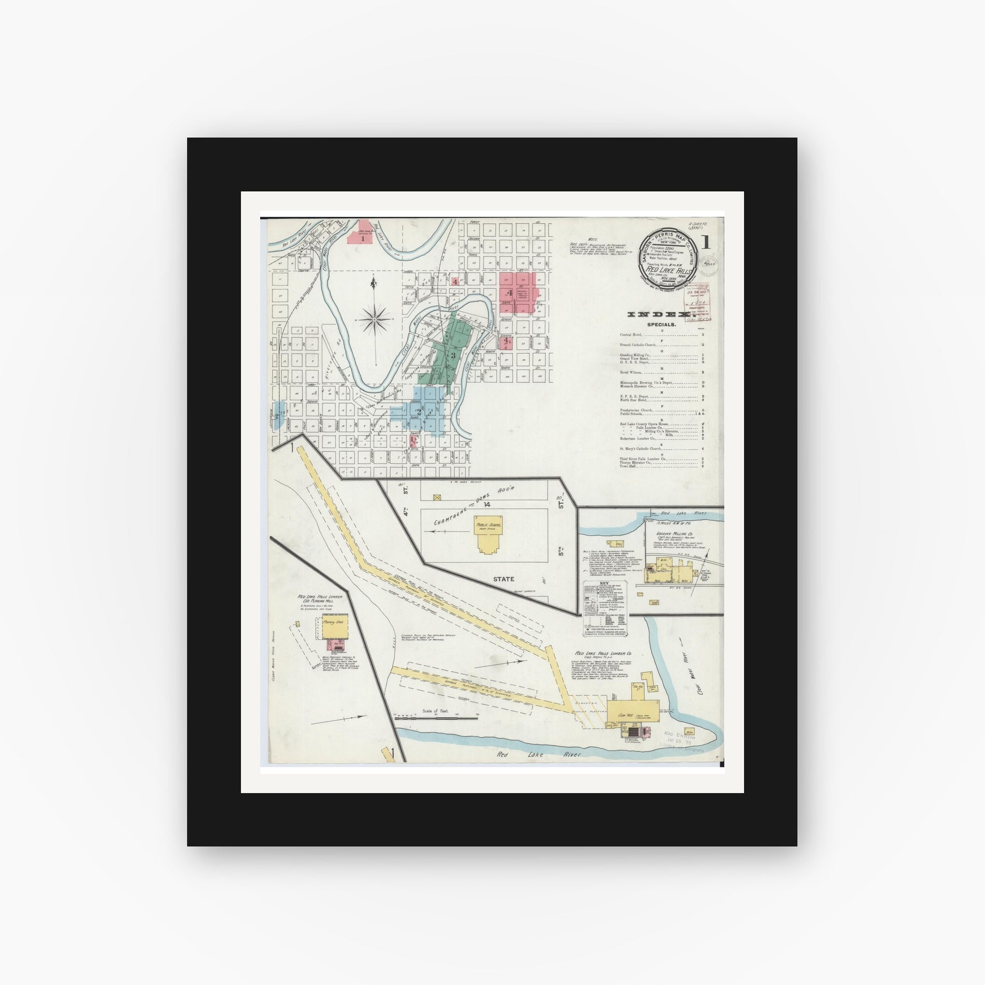 Old map wall art mockup — black gallery frame with white mat — Sanborn Fire Insurance Map from Red Lake Falls, Red Lake County, Minnesota (1899) - Complete Map Set