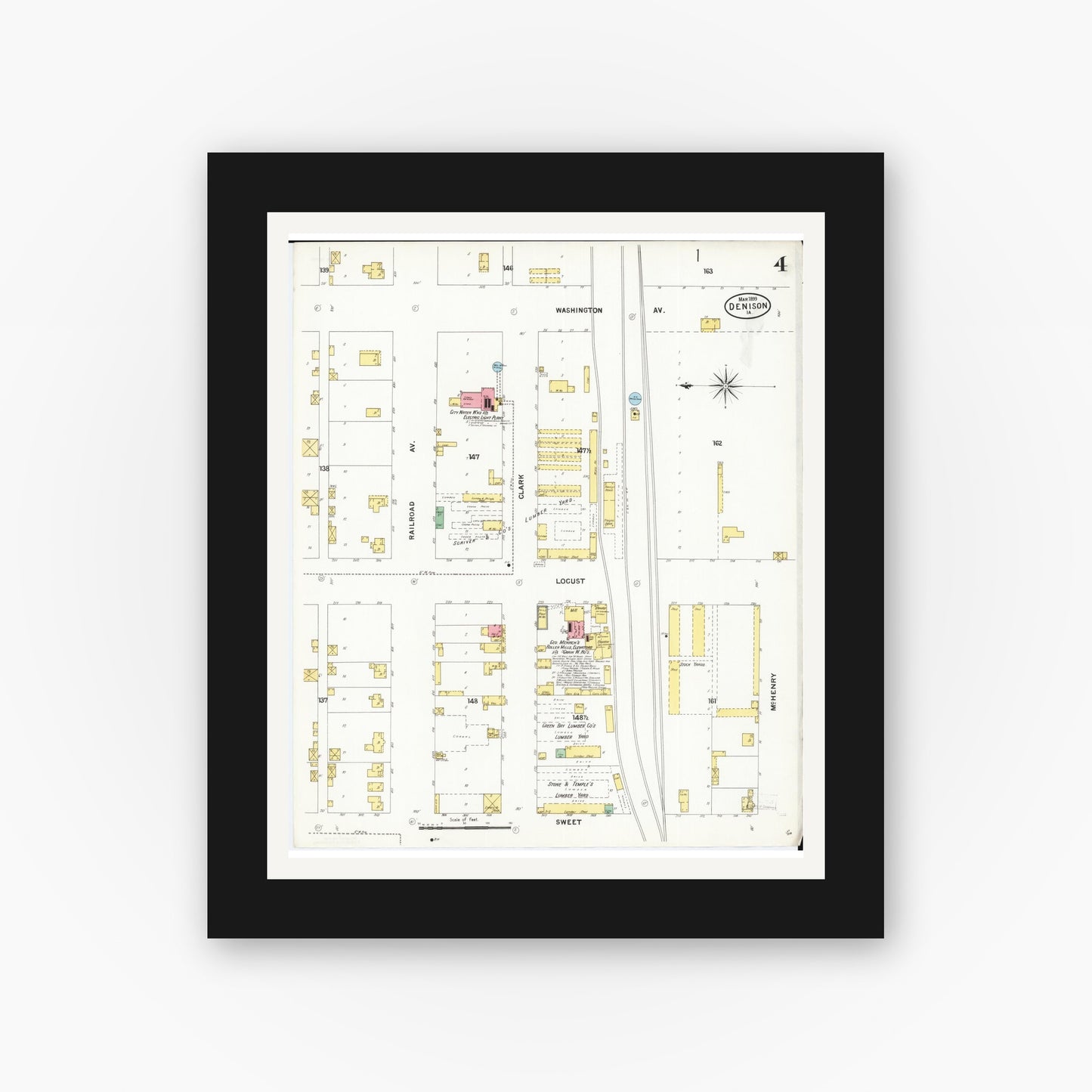 Old map wall art mockup — black gallery frame with white mat — Sanborn Fire Insurance Map from Denison, Crawford County, Iowa (1899), Sheet #0004