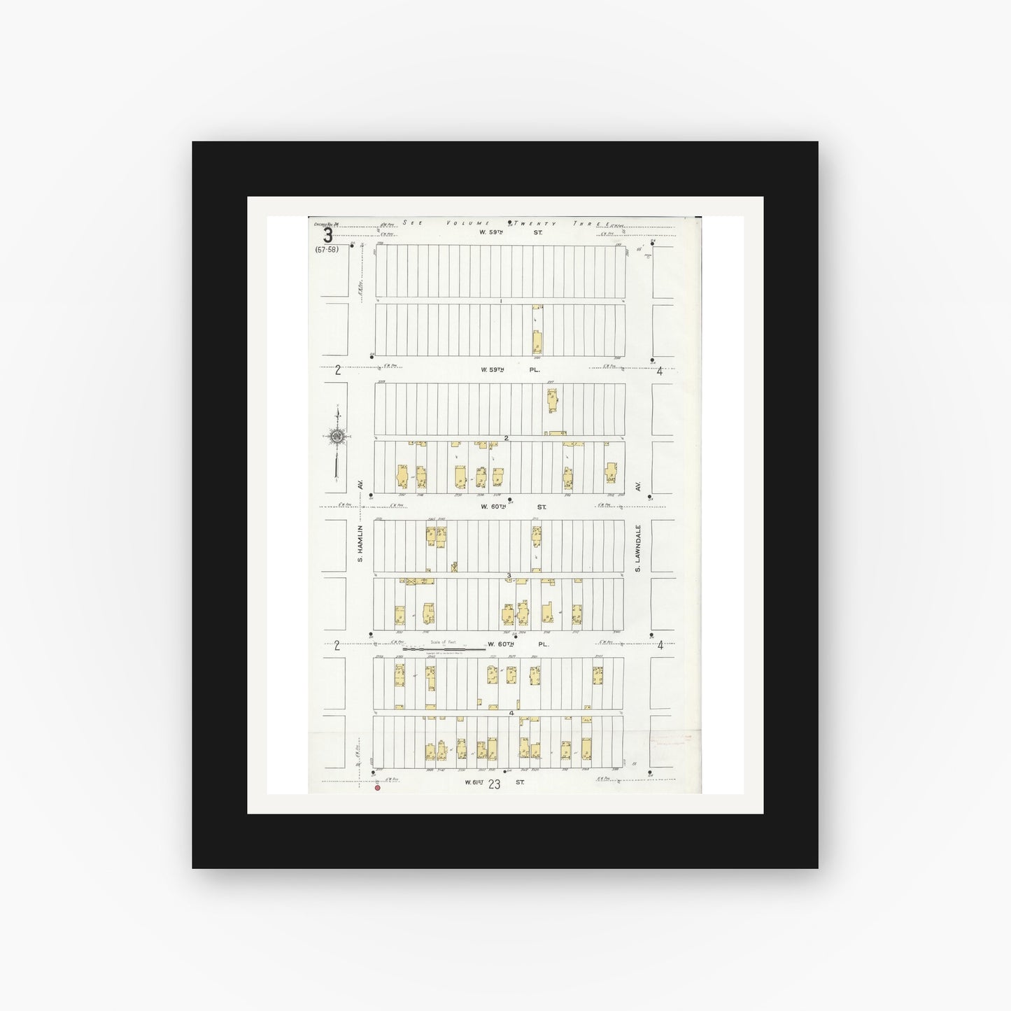 Old map wall art mockup — black gallery frame with white mat — Sanborn Fire Insurance Map from Chicago, Cook County, Illinois (1920), Sheet #0003