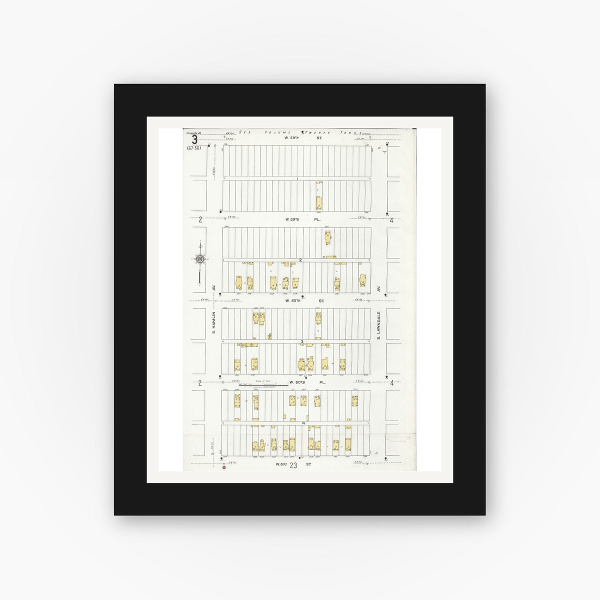 Old map wall art mockup — black gallery frame with white mat — Sanborn Fire Insurance Map from Chicago, Cook County, Illinois (1920), Sheet #0003