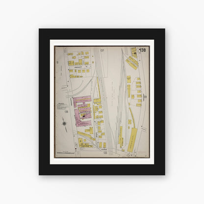 Old map wall art mockup — black gallery frame with white mat — Sanborn Fire Insurance Map from Worcester, Worcester County, Massachusetts (1910), Sheet #0138