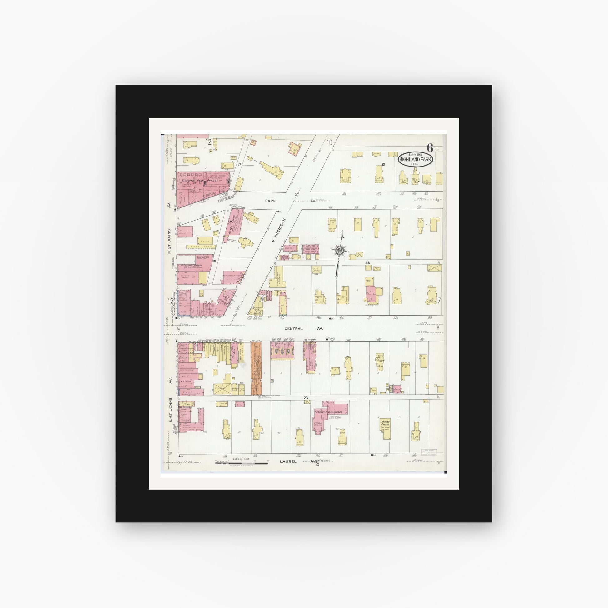 Old map wall art mockup — black gallery frame with white mat — Sanborn Fire Insurance Map from Highland Park, Lake County, Illinois (1918), Sheet #0006