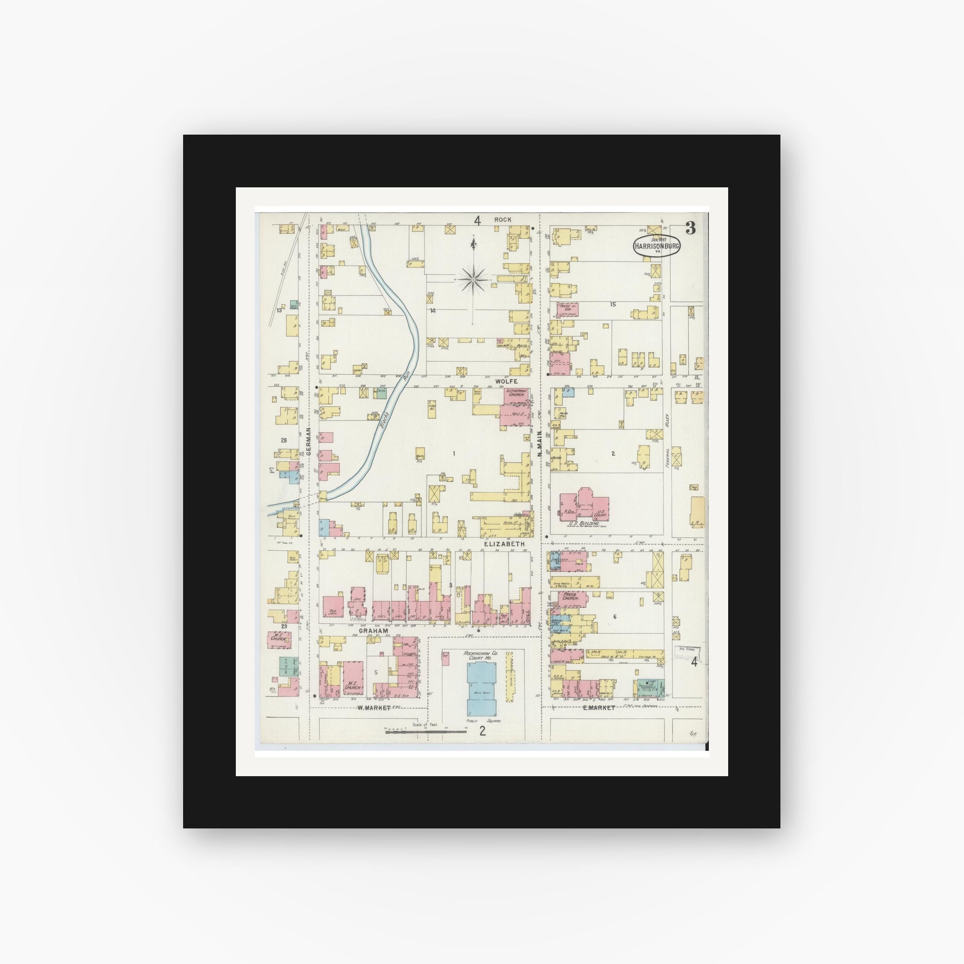 Old map wall art mockup — black gallery frame with white mat — Sanborn Fire Insurance Map from Harrisonburg, Independent Cities, Virginia (1897), Sheet #0003