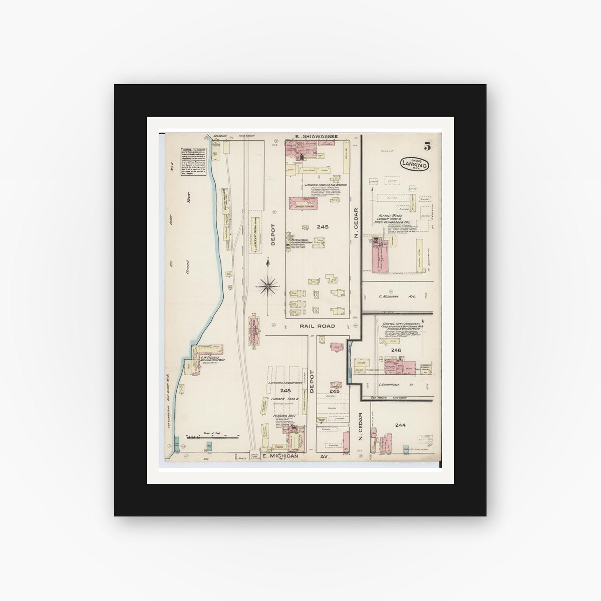 Old map wall art mockup — black gallery frame with white mat — Sanborn Fire Insurance Map from Lansing, Ingham County, Michigan (1885), Sheet #0005