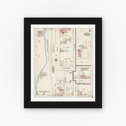 Old map wall art mockup — black gallery frame with white mat — Sanborn Fire Insurance Map from Lansing, Ingham County, Michigan (1885), Sheet #0005