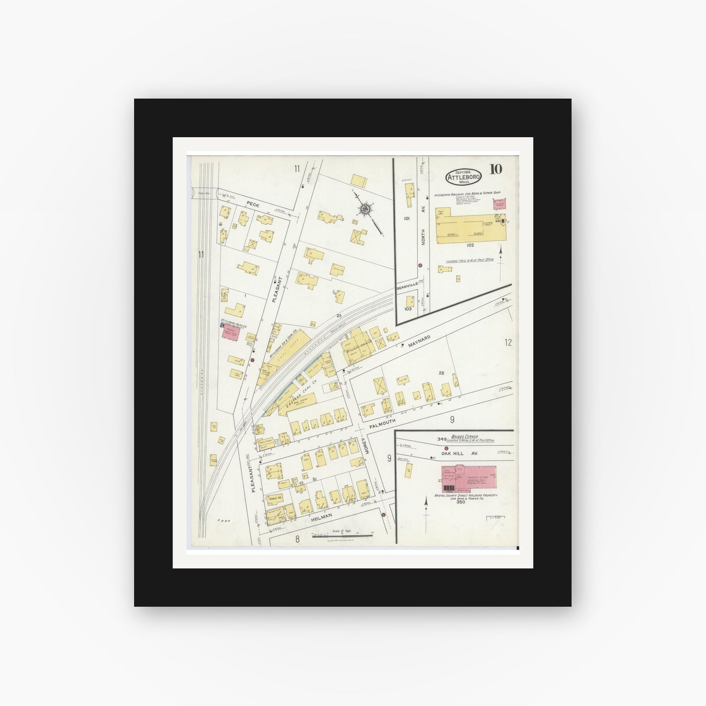 Old map wall art mockup — black gallery frame with white mat — Sanborn Fire Insurance Map from Attleboro, Bristol County, Massachusetts (1916), Sheet #0010