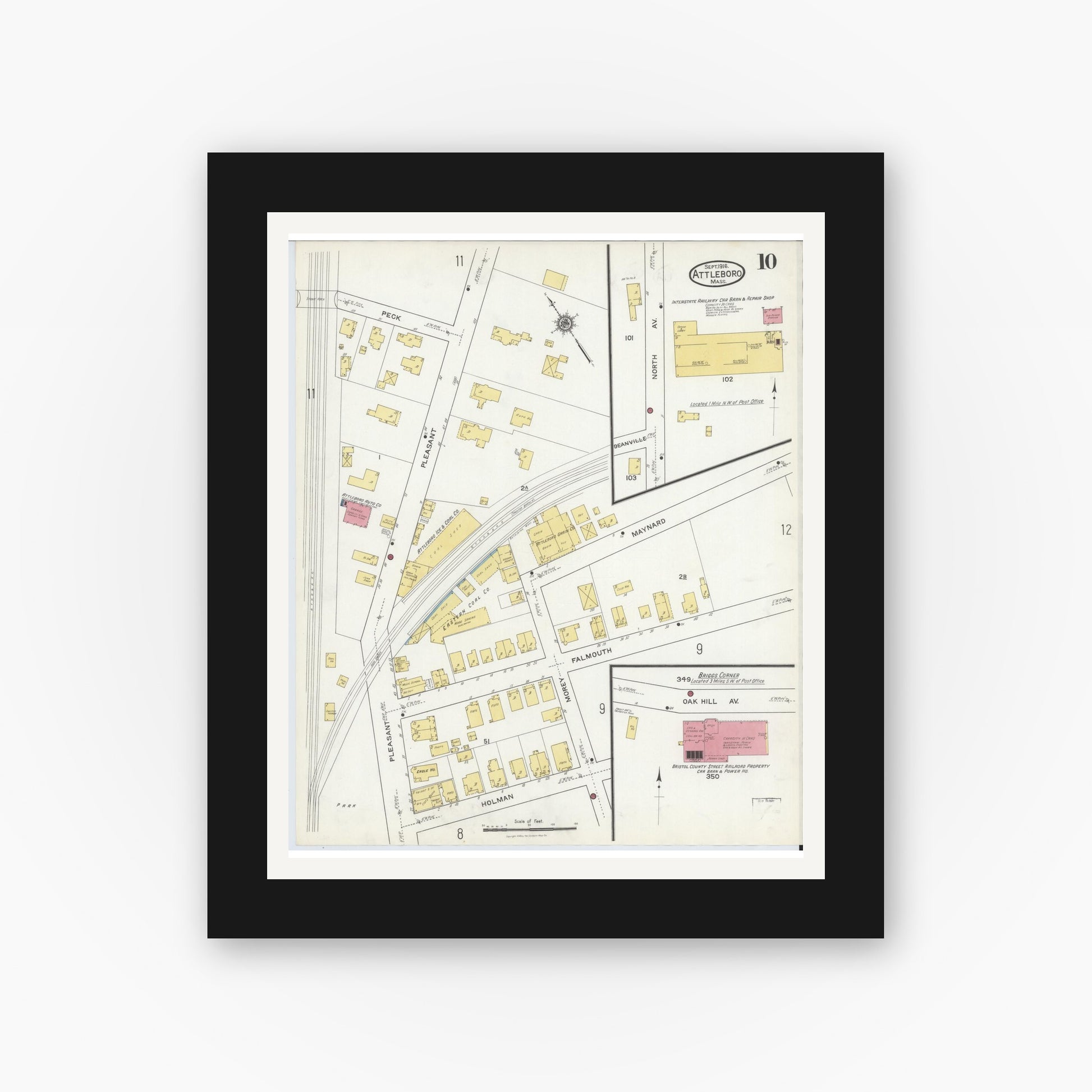 Old map wall art mockup — black gallery frame with white mat — Sanborn Fire Insurance Map from Attleboro, Bristol County, Massachusetts (1916), Sheet #0010
