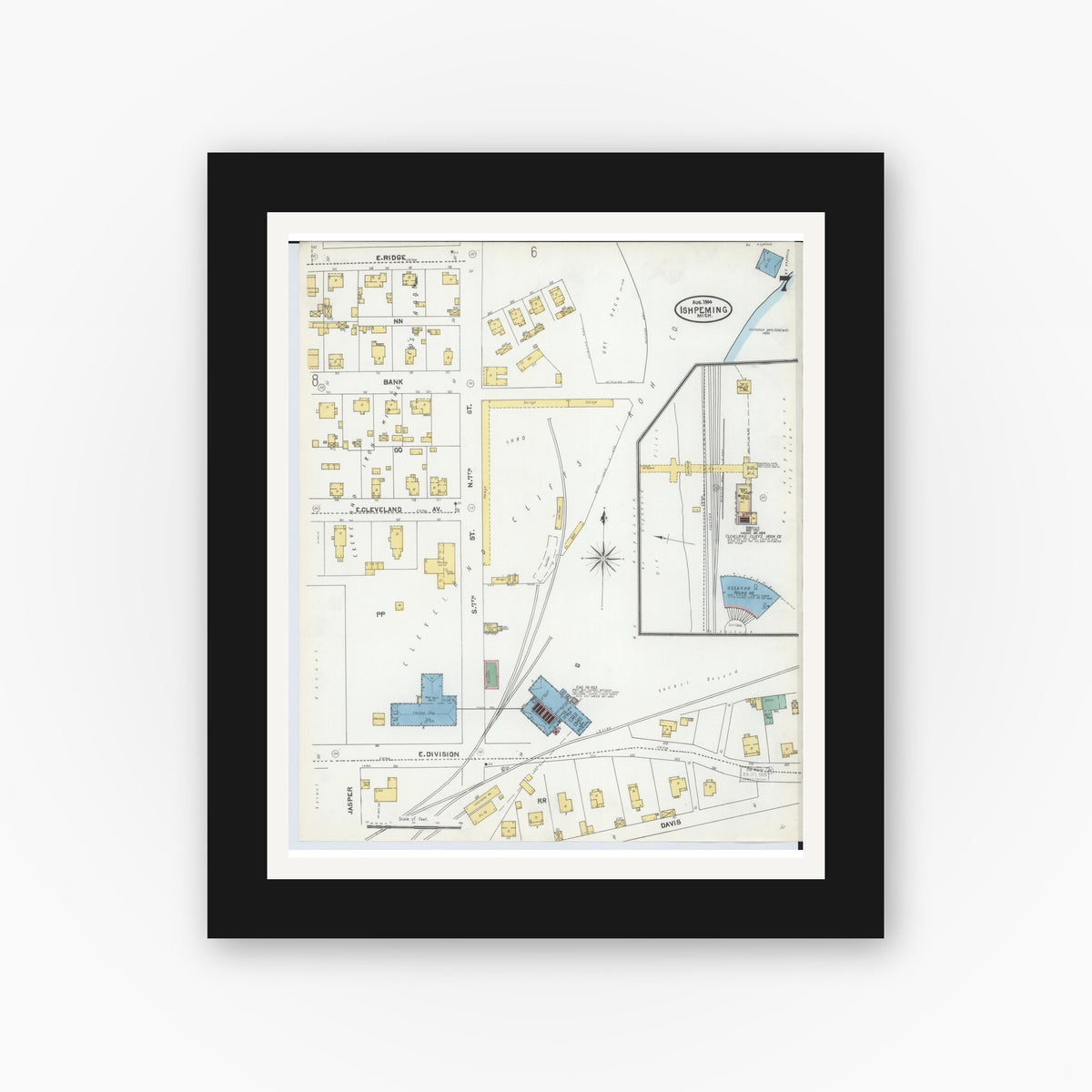 Old map wall art mockup — black gallery frame with white mat — Sanborn Fire Insurance Map from Ishpeming, Marquette County, Michigan (1904), Sheet #0007