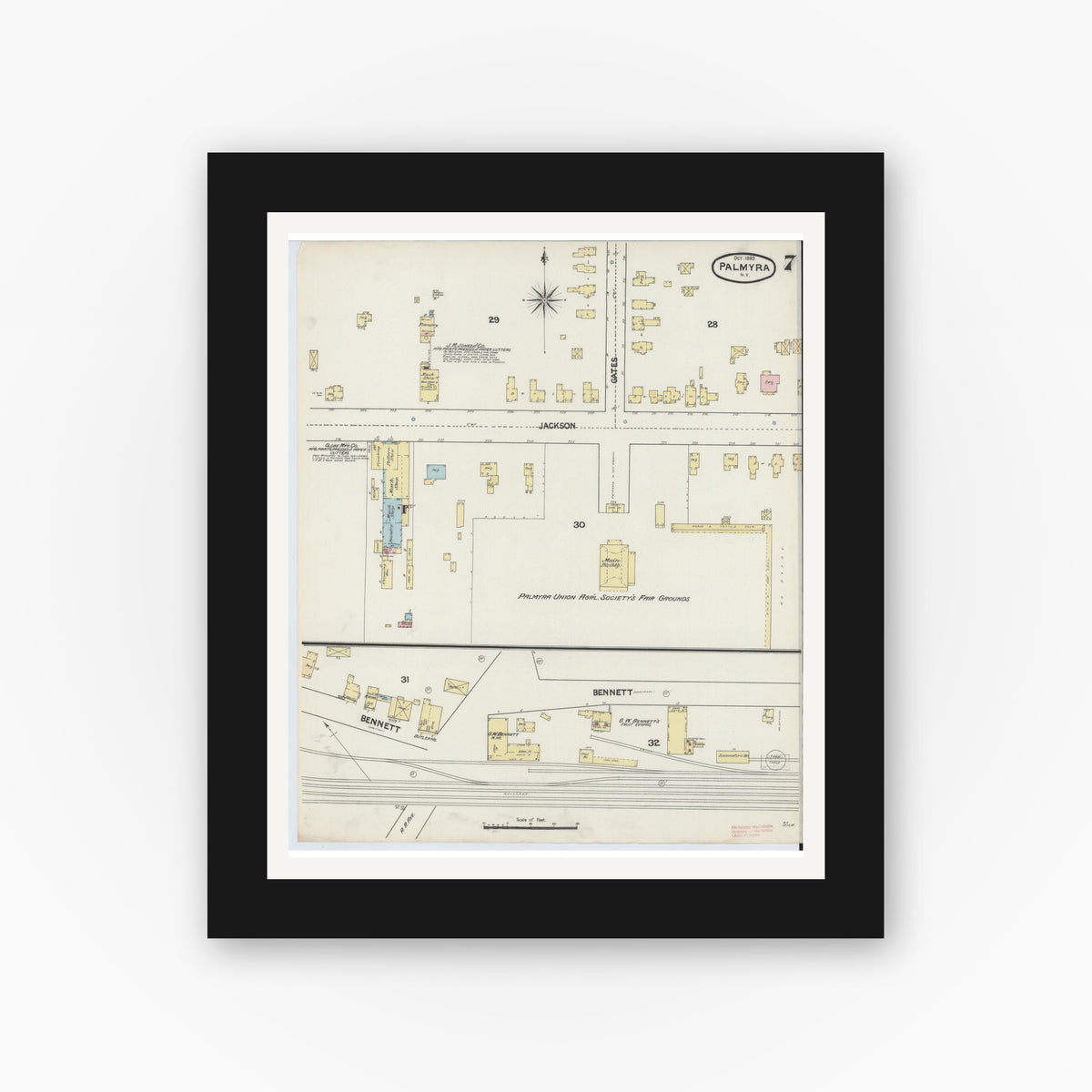 Old map wall art mockup — black gallery frame with white mat — Sanborn Fire Insurance Map from Palmyra, Wayne County, New York (1889), Sheet #0007