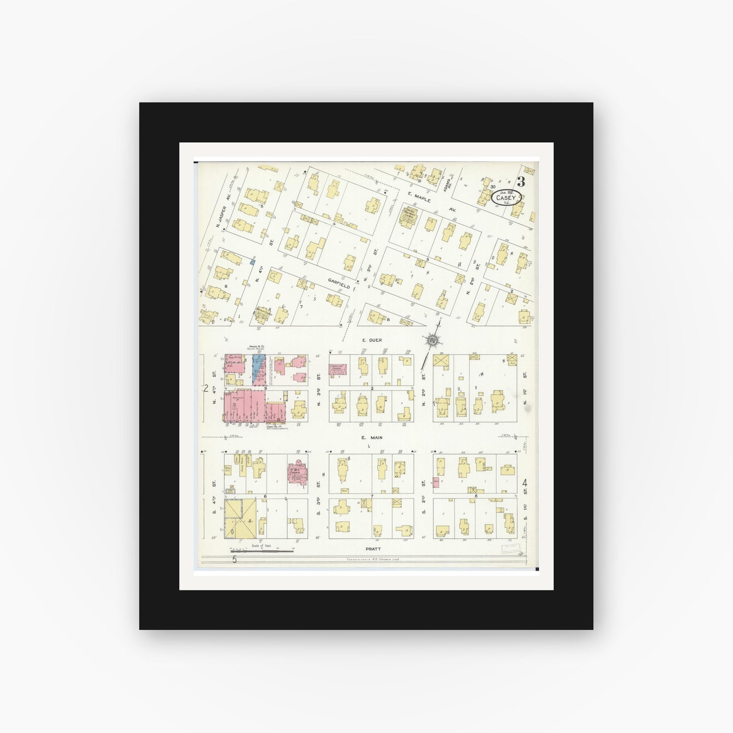 Old map wall art mockup — black gallery frame with white mat — Sanborn Fire Insurance Map from Casey, Clark County, Illinois (1912), Sheet #0003