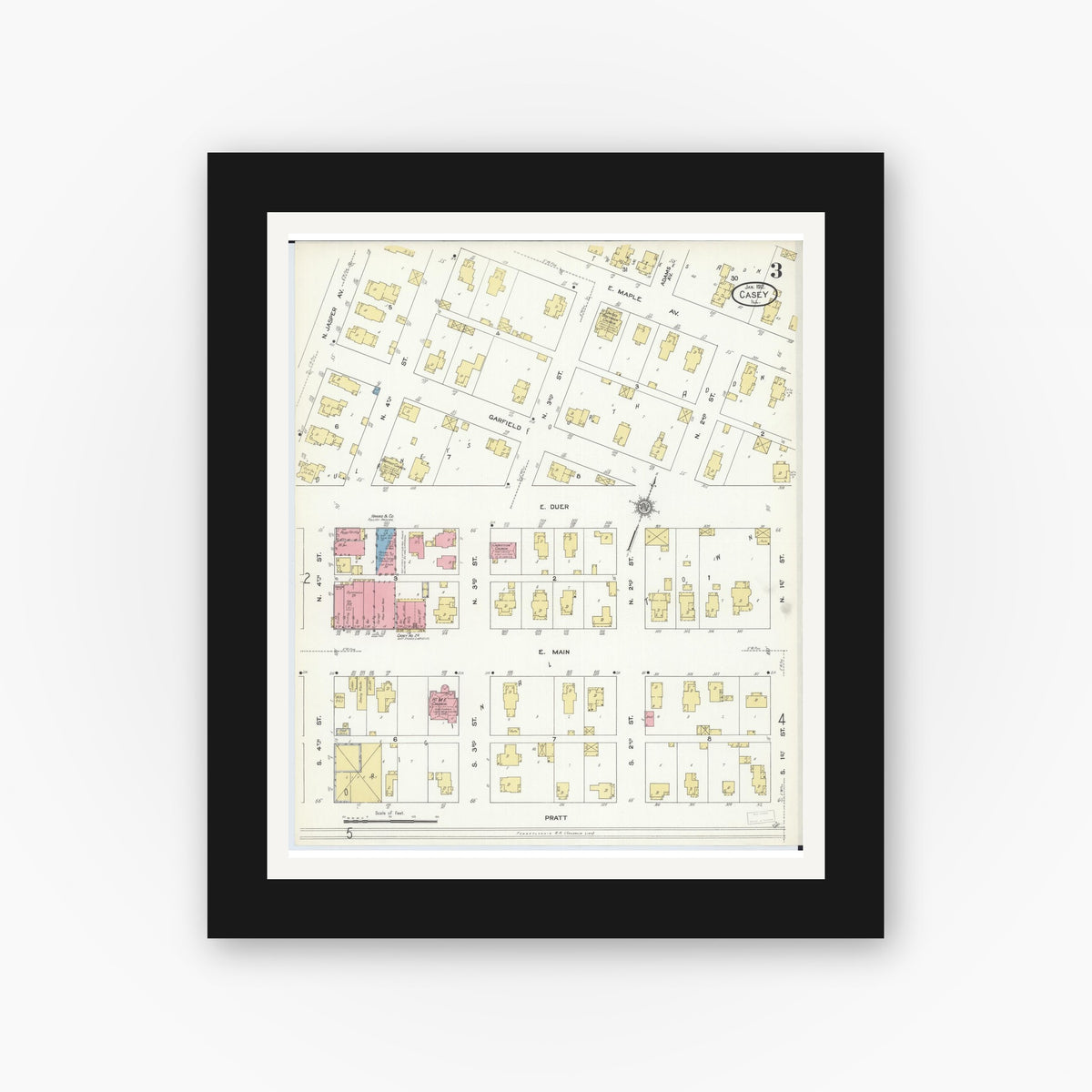 Old map wall art mockup — black gallery frame with white mat — Sanborn Fire Insurance Map from Casey, Clark County, Illinois (1912), Sheet #0003
