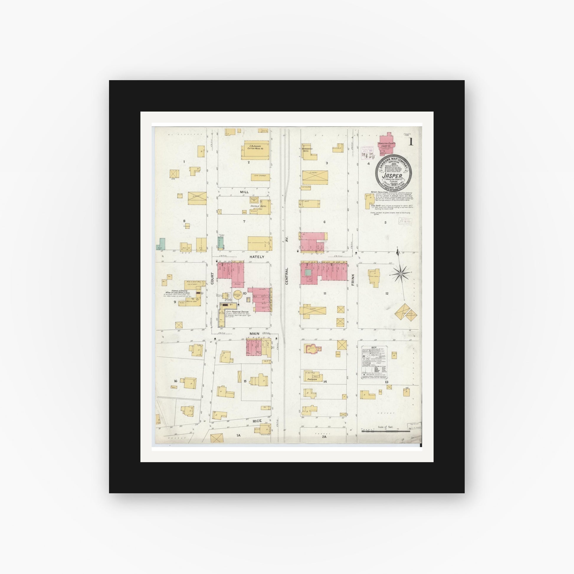 Old map wall art mockup — black gallery frame with white mat — Sanborn Fire Insurance Map from Jasper, Hamilton County, Florida (1909), Sheet #0001