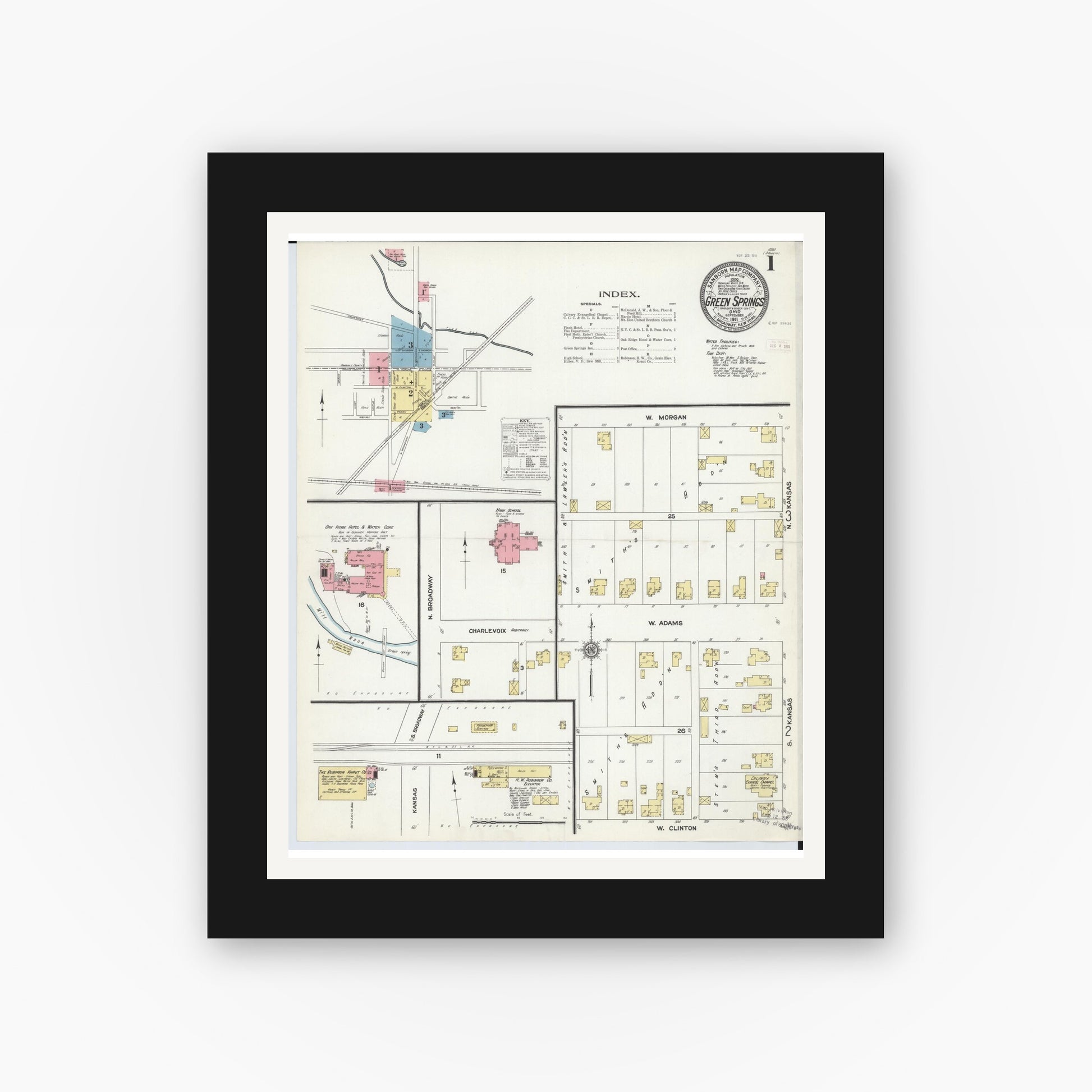 Old map wall art mockup — black gallery frame with white mat — Sanborn Fire Insurance Map from Green Springs, Sandusky And Seneca Counties, Ohio (1911), Sheet #0001