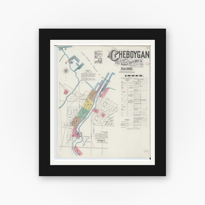 Old map wall art mockup — black gallery frame with white mat — Sanborn Fire Insurance Map from Cheboygan, Cheboygan County, Michigan (1890), Sheet #0001