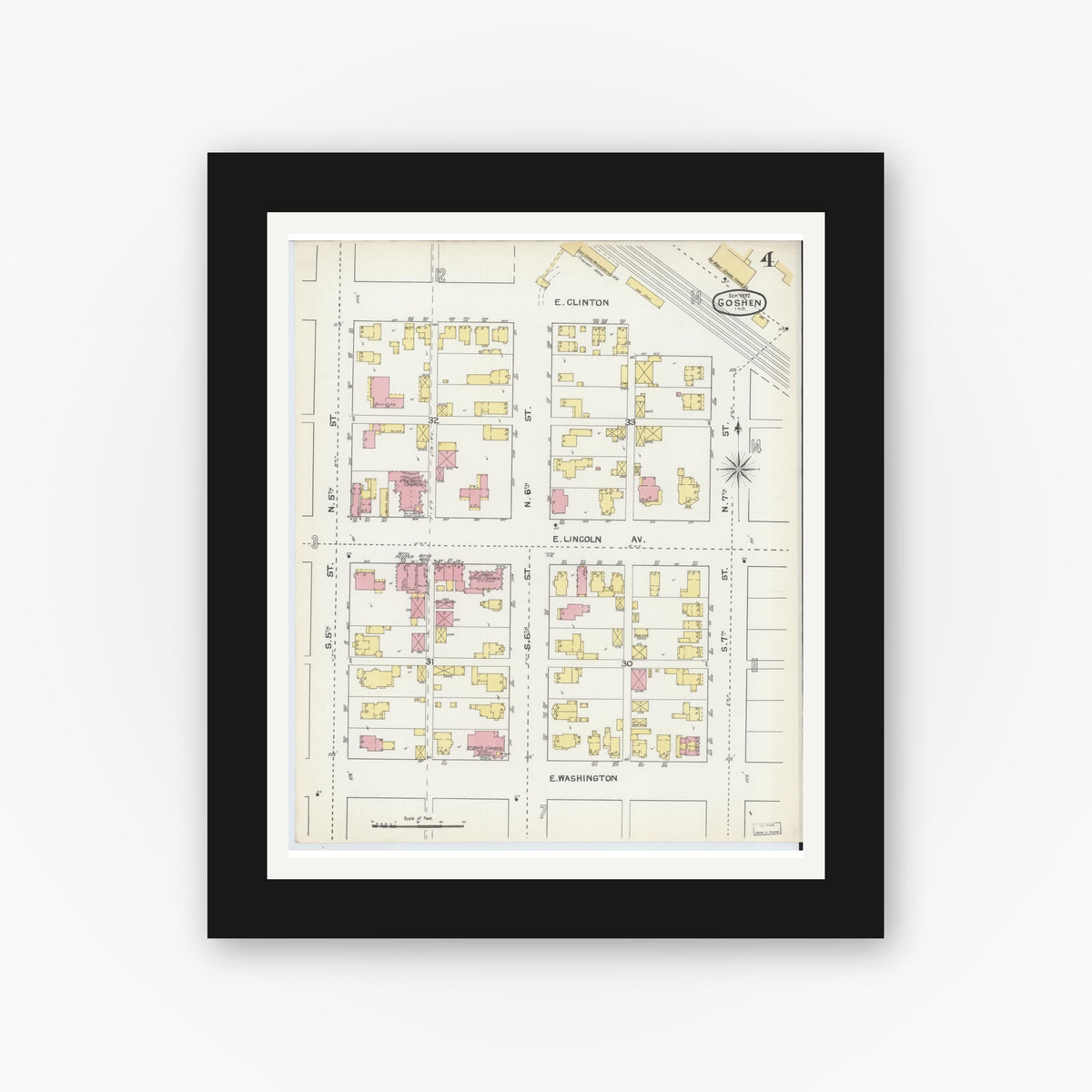 Old map wall art mockup — black gallery frame with white mat — Sanborn Fire Insurance Map from Goshen, Elkhart County, Indiana (1892), Sheet #0004