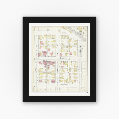 Old map wall art mockup — black gallery frame with white mat — Sanborn Fire Insurance Map from Goshen, Elkhart County, Indiana (1892), Sheet #0004