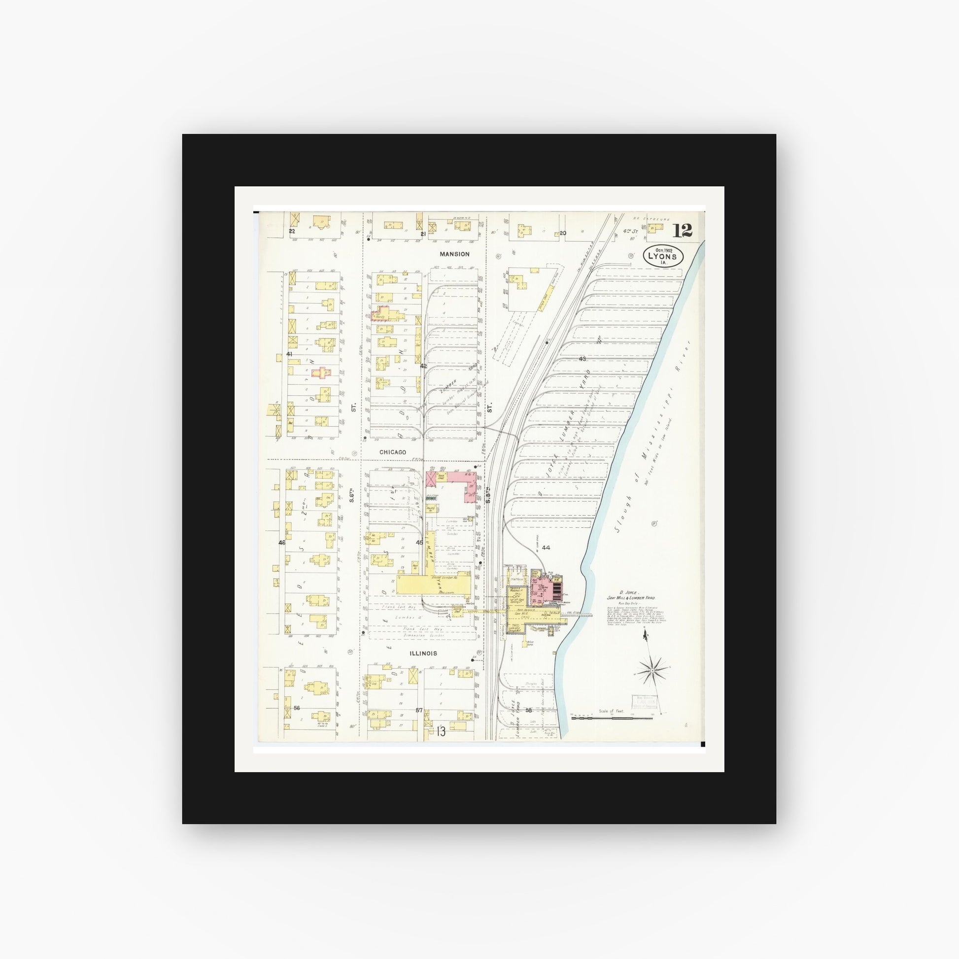 Old map wall art mockup — black gallery frame with white mat — Sanborn Fire Insurance Map from Lyons, Clinton County, Iowa (1902), Sheet #0012