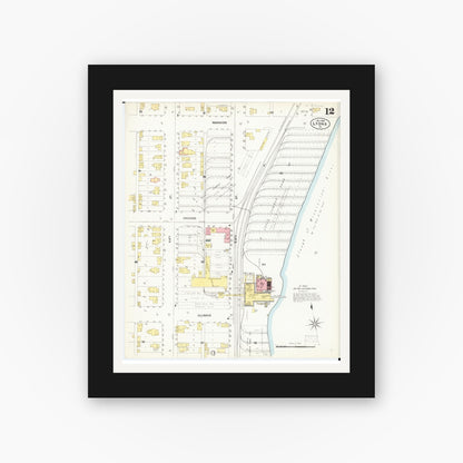 Old map wall art mockup — black gallery frame with white mat — Sanborn Fire Insurance Map from Lyons, Clinton County, Iowa (1902), Sheet #0012