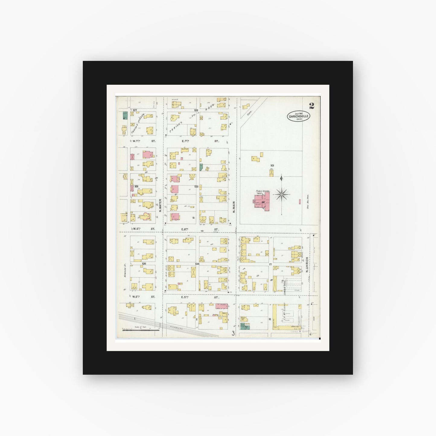 Old map wall art mockup — black gallery frame with white mat — Sanborn Fire Insurance Map from Uhrichsville, Tuscarawas County, Ohio (1901), Sheet #0002