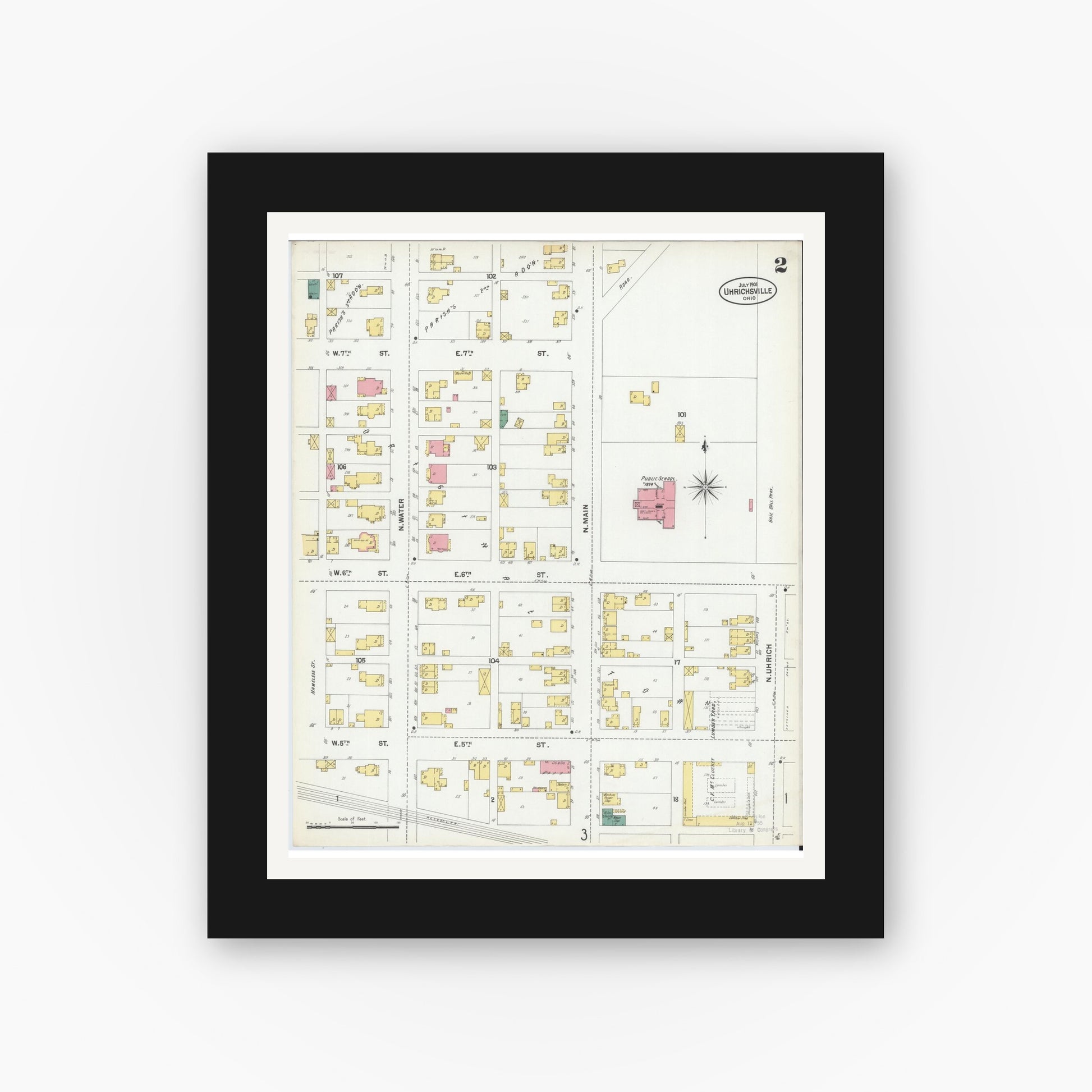 Old map wall art mockup — black gallery frame with white mat — Sanborn Fire Insurance Map from Uhrichsville, Tuscarawas County, Ohio (1901), Sheet #0002