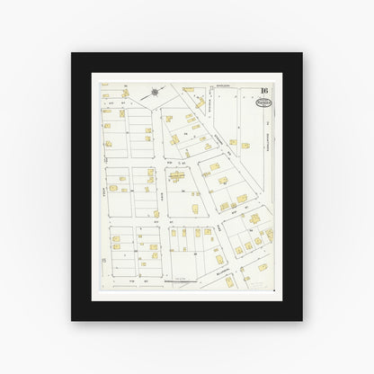 Old map wall art mockup — black gallery frame with white mat — Sanborn Fire Insurance Map from Ranger, Eastland County, Texas (1920), Sheet #0016