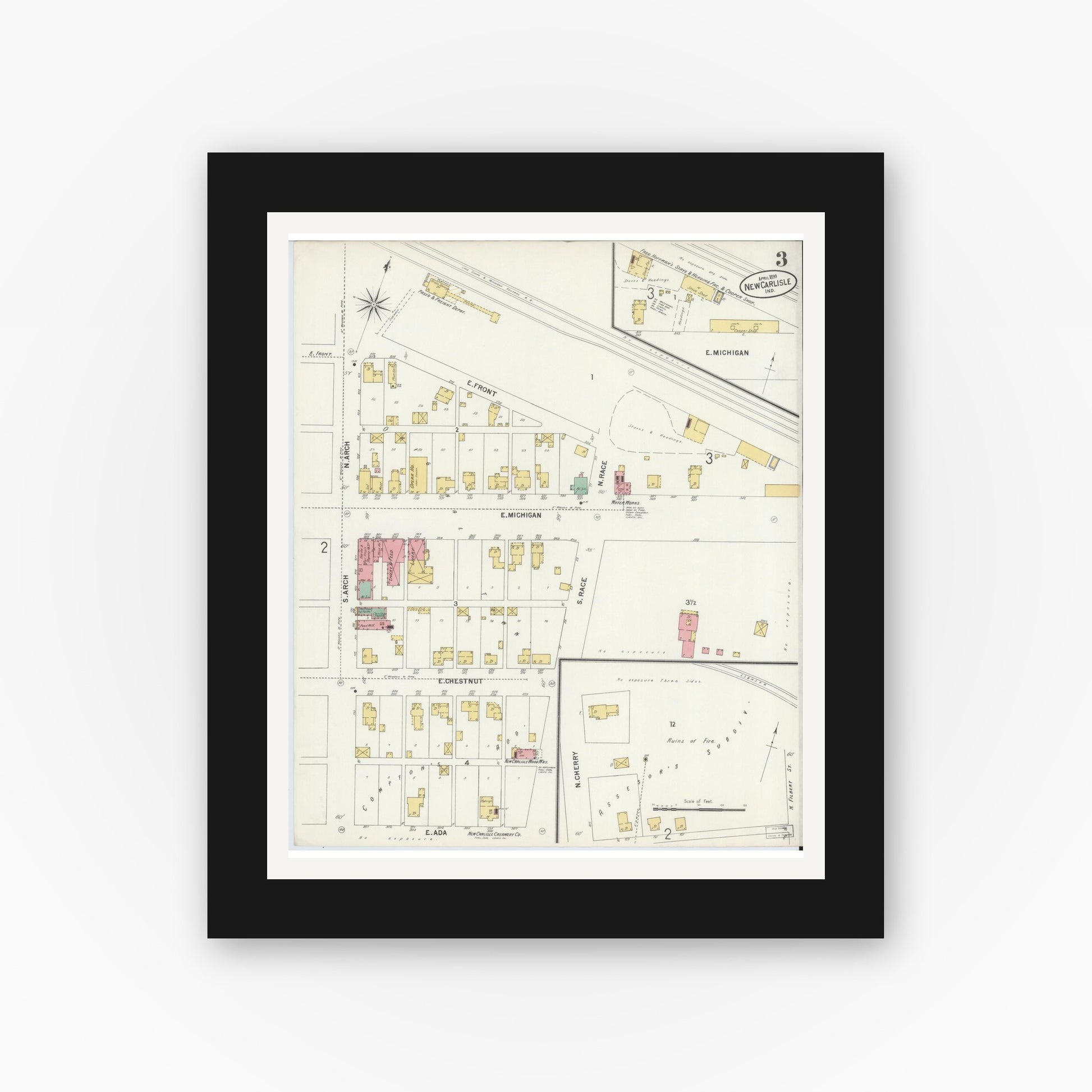 Old map wall art mockup — black gallery frame with white mat — Sanborn Fire Insurance Map from New Carlisle, Saint Joseph County, Indiana (1899), Sheet #0003