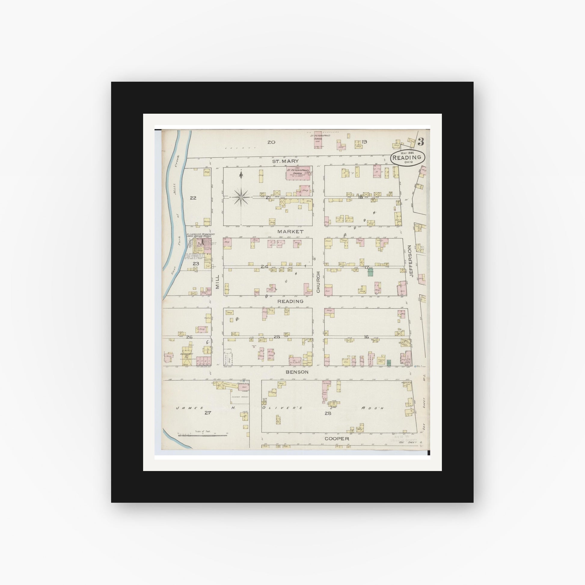 Old map wall art mockup — black gallery frame with white mat — Sanborn Fire Insurance Map from Reading, Hamilton County, Ohio (1886), Sheet #0003