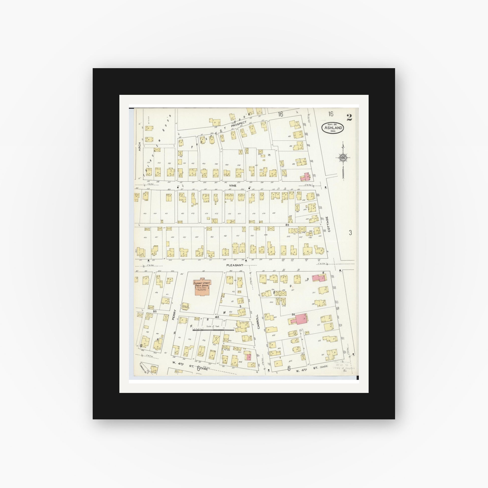 Old map wall art mockup — black gallery frame with white mat — Sanborn Fire Insurance Map from Ashland, Ashland County, Ohio (1911), Sheet #0002